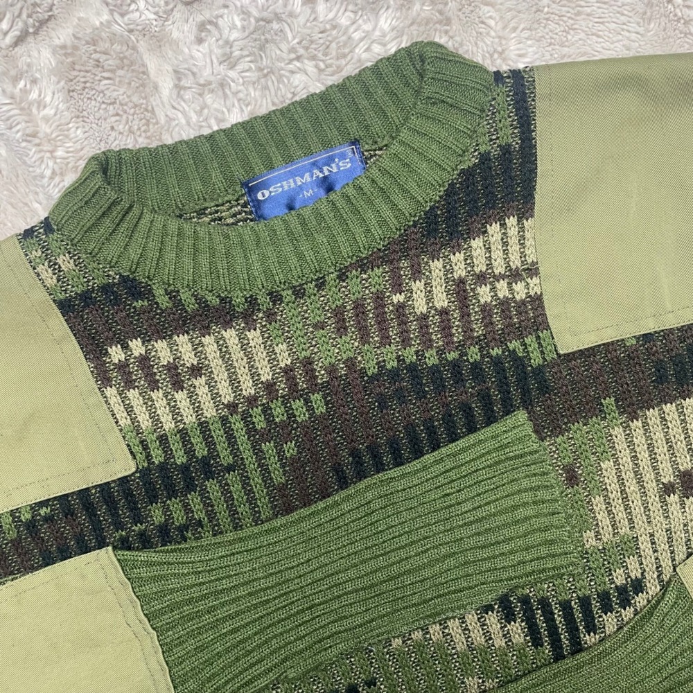 Oshmans Mens Camo Knit Sweater Green Tactical Elbow Patch Crewneck Size M
